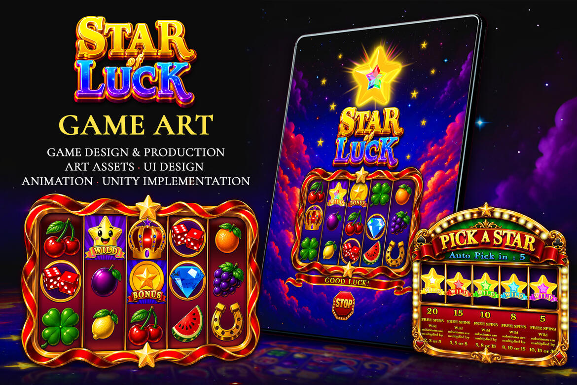 Game design & Production · Art assets · UI Design · Animation · Unity implementation